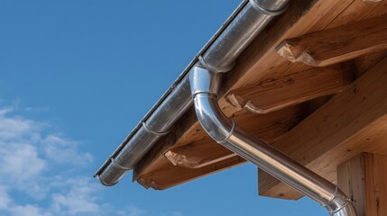 Naklejka premium Metal gutter and downspout installed on roof edge after roof repair, showing fascia, soffit and fastener detail against blue sky.
