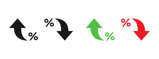 Fototapeta premium Percent arrow icon. Curved up and down arrows with percent signs showing growth and decline vector illustration. Market rate changes, finance trend analysis and economic data movement sign.