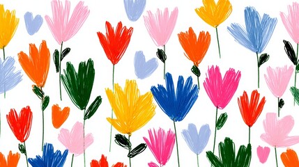 Obraz premium Colorful drawing of flowers with hearts in the middle. The flowers are in various colors and sizes, and the hearts are scattered throughout the drawing. Scene is cheerful and vibrant