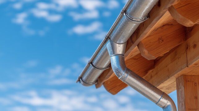 Metal rain gutter system and downspout on wooden eave showing eave repair and roof drainage solution under blue sky.