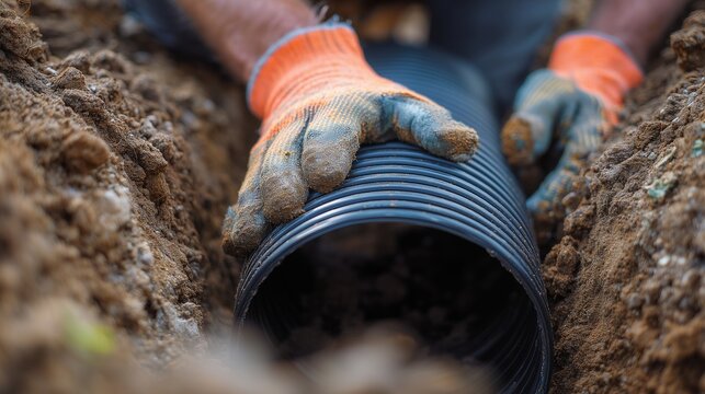 Worker hands installing corrugated pipe in trench, representing drainage solution for water management and stormwater control.