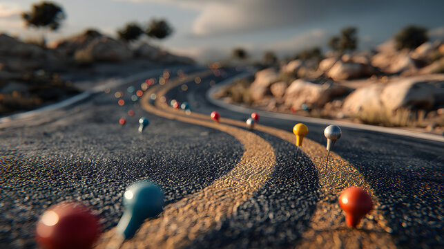 A row of colorful pins placed along a road representing strategic planning and milestones in project development journey