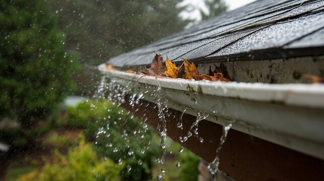 Close-up of a repaired rain gutter with flowing rainwater, showing clean channel after maintenance and wet roofline in a rainy residential setting.