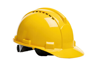 A bright yellow safety helmet with a glossy finish and ventilation holes, displaying a black internal suspension system, angled slightly against a pristine transparent background with soft shadows