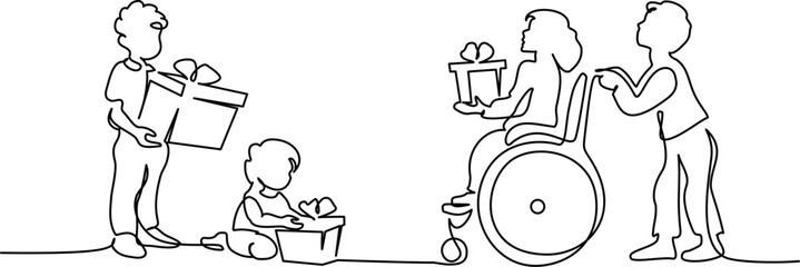 Vector illustration of a boy giving a present to a little disabled girl in a wheelchair.