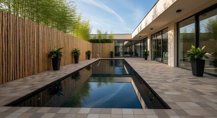 Modern architectural courtyard featuring a long narrow swimming pool surrounded by a rustic wooden fence and contemporary building with large windows
