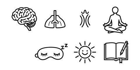 Self-Care Icon Collection. A series of thin line icons focused on well-being, stress management, and improving quality of life.