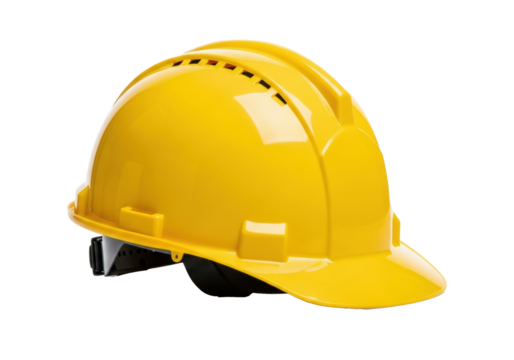 A bright yellow safety helmet with a glossy finish and ventilation holes, displaying a black internal suspension system, angled slightly against a pristine transparent background with soft shadows