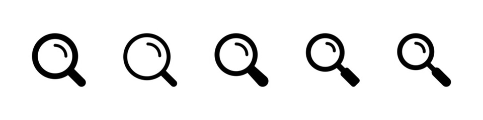 Search icon. Bold magnifier silhouettes for zoom, find and inspect vector illustration. Useful for content discovery, object detection, data analysis and detailed view tasks sign.
