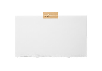 Blank horizontal rectangular white paper with ragged torn edges and fibrous texture, brown masking tape at top-center, against a seamless transparent background with copy space, bright studio light.