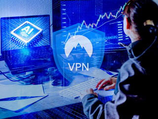 VPN protection and AI trading analytics on multiple computer screens