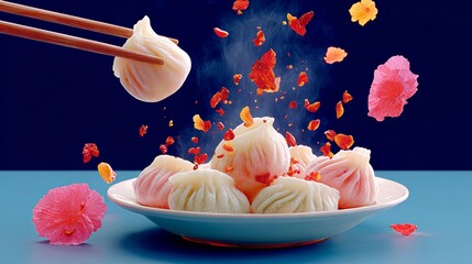 Plate of dumplings with chopsticks in the air. The dumplings are in different colors and are surrounded by flowers. Scene is lively and celebratory, as it is a festive meal