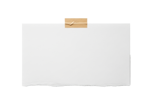 Blank horizontal rectangular white paper with ragged torn edges and fibrous texture, brown masking tape at top-center, against a seamless transparent background with copy space, bright studio light.
