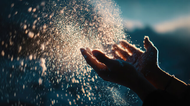 Close-up of two hands releasing sparkling particles into the air. The background is blurred, creating a dreamy atmosphere. Light reflects off the particles.