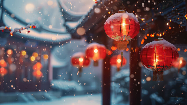 Red lanterns hang in a snowy scene, illuminated by soft light. Snowflakes gently fall, creating a serene winter atmosphere. - Powered by Adobe
