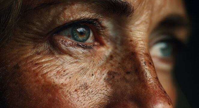 Close-up of a tired woman's face with wrinkles and dark circles under her eyes. Skin aging, fatigue, and stress concept. Natural unretouched skin for dermatology and skincare