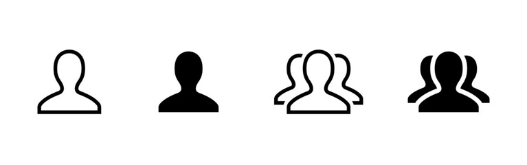User icon. Simple human silhouette marks a person profile vector. Group and team variants show community roles and social audience identity concept pictogram.