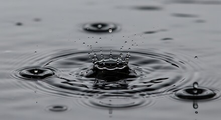 Macro photograph capturing the moment a raindrop creates a perfect crown splash and concentric ripples on a calm water surface