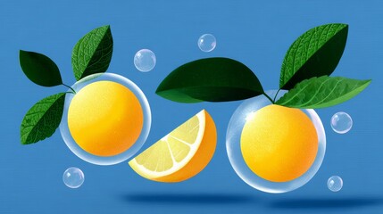 Two oranges with a slice of lemon in between them. The oranges are in a bubble and the lemon is in a bubble too
