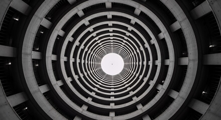 Abstract black and white geometric pattern of a deep circular building atrium with repeating oval layers leading to light