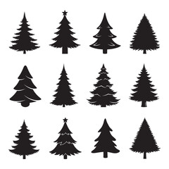 Christmas Tree Silhouette Collection – Holiday Evergreen Icons Set, Black Christmas Tree Shapes – Festive Evergreen Silhouettes Bundle, Pine and Fir Tree Silhouettes for Christmas Decor 