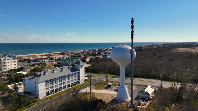Cinematic Aerial Orbit on Water Tower and Communications Mast in Sandbridge, Virginia Beach
