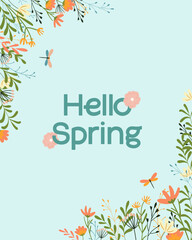 Cute hand drawn spring banner. Poster template with branches, flowers, leaves and petals. Vector illustration poster concept with text. Botanical frame in flat doodle style. Pastel colors
