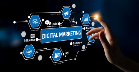 A creative representation of digital marketing concepts, featuring a hand reaching towards various marketing icons, highlighting social media, ecommerce, and advertisement strategies. Tessel