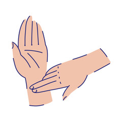 Measuring pulse with hands, composition of two hands, two fingers placed on the wrist