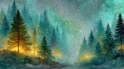 Magical forest with christmas trees and glowing lights christmas card style watercolor abstract artistic winter wonderland nature green woodland holiday background backdrop wallpaper with copy space.