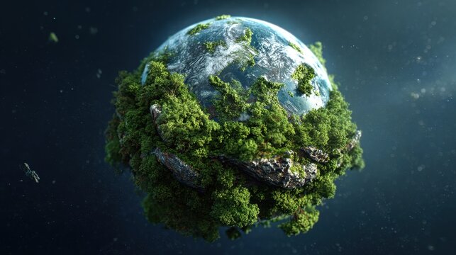 A planet covered in trees and rocks. The planet is surrounded by a dark sky. The trees are growing on the planet's surface and the rocks are scattered around. The planet appears to be a unique