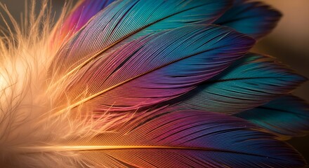 Naklejka premium Vibrant array of soft feathers in a spectrum of enchanting colors, reflecting a warm glow on a serene surface, creating a peaceful and captivating natural display