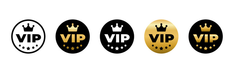 Vip label. Crown and stars inside a circular badge vector illustration. Premium emblem symbol for elite membership, exclusive status sign and luxury highlight pictogram.