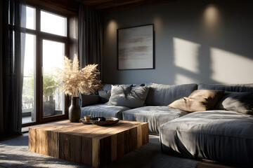 Interior of light living room with couch and coffee table