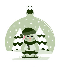 bunny girl with cap, scarf and skirt on ice skates in christmas ball isolated on white background
