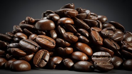 Rich, dark roasted coffee beans piled high, a warm invitation to a perfect morning brew.
