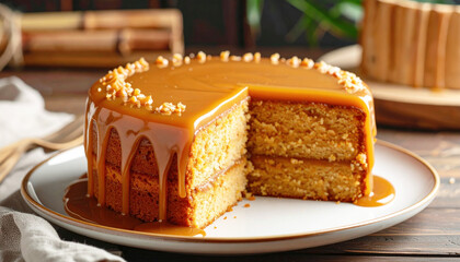 Southern caramel cake, missing a slice, closeup. AI