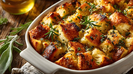Top view of herb-infused bread stuffing in a white casserole dish with sage and rosemary sprigs on a rustic wooden table. Holiday flavors.