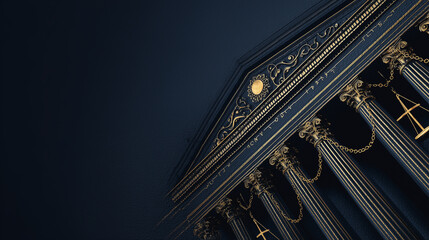 Elegant golden courthouse columns and ornate justice symbols on deep navy background