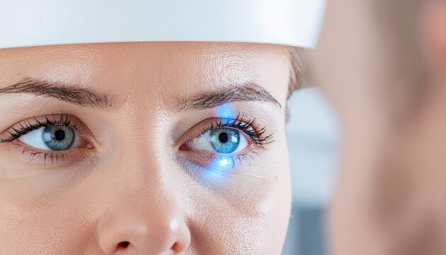 Close up of a woman's blue eye being examined with bright light during an eye exam, for medical research, eye health, and technological advances