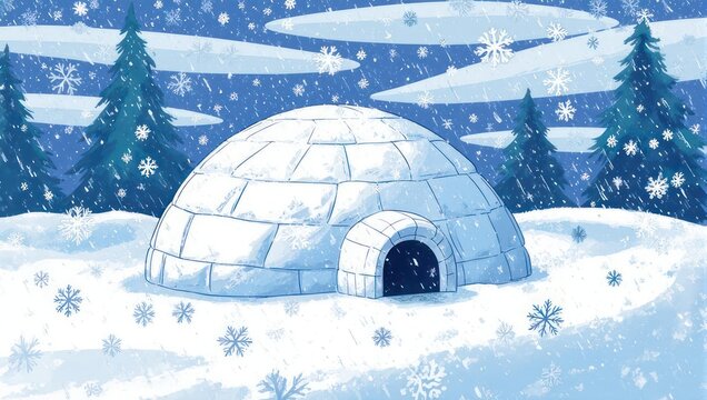 A snowy scene with an igloo, snowflakes, and evergreens under a blue winter sky