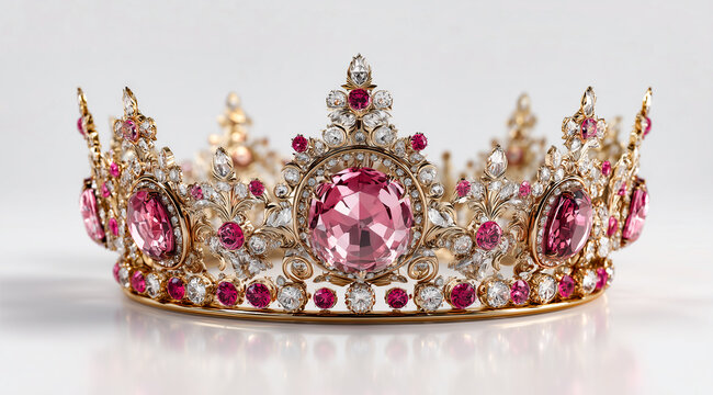 Opulent gold crown adorned with sparkling pink gemstones and intricate regal detailing