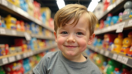 Portrait of a young European boy in a modern supermarket environment with shopping carts and displays. Image for retail advertising concepts and family-oriented campaigns