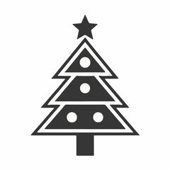 Obraz premium Simple Christmas tree icon with geometric design featuring layered branches and a star on top. Christmas tree symbolizes festive season decorations and celebration.