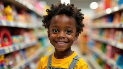 An African-American child examines cereal boxes on a supermarket shelf during a family shopping trip. This image supports retail advertising for children's food products and family brands