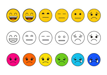 Fifteen distinct emoji icons in three rows, showcasing varied styles including vibrant yellow with dark outlines, white with thin black, and bright colors with white features. transparent background,