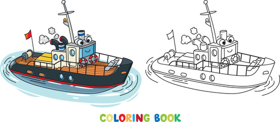 Funny tugboat with eyes. Boat or ship illustration