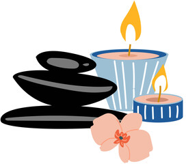 Thai massage stones, candles, flower, hot stones setIllustration of SPA and wellness concept. For beauty treatment and self-care.
.