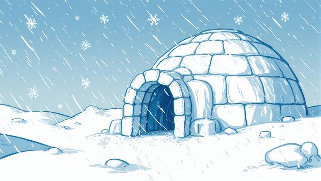 A cartoon igloo sits in a snowy landscape during a blizzard, with snowflakes falling