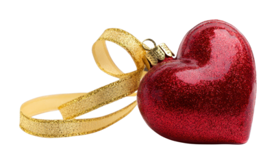 PNG Glittering heart ornament with ribbon